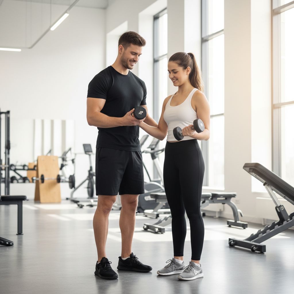 Un coach sportif expliquant un exercice à un client dans une salle de fitness moderne et lumineuse à Renens.