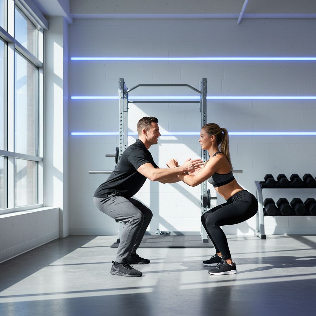 Un coach sportif expliquant un exercice de renforcement musculaire à un client dans la salle de sport Unit62 à Renens.