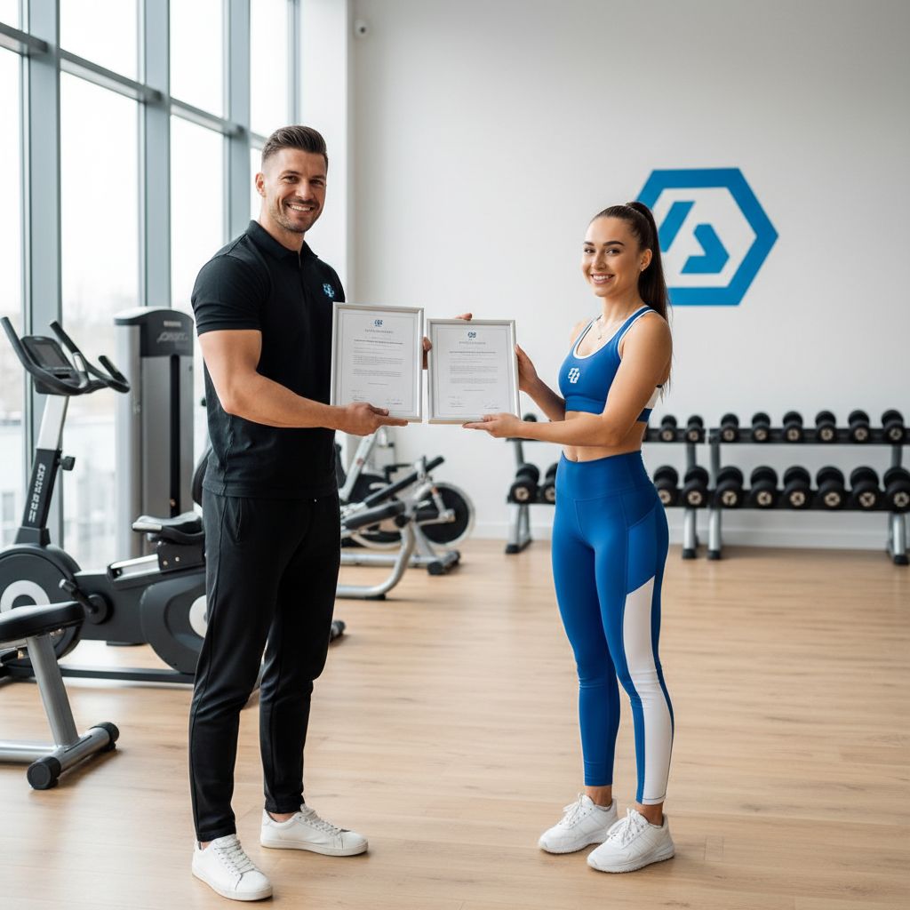 Un coach sportif certifié montrant ses diplômes à un client potentiel dans une salle de sport moderne.