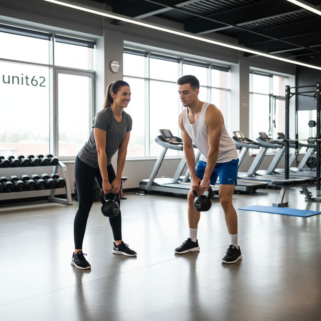 Un coach sportif de Unit62 explique à un nouveau membre comment utiliser un kettlebell en toute sécurité dans la salle de sport à Renens.