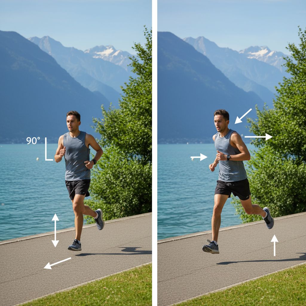 Infographie simple montrant la différence entre une bonne et une mauvaise posture de course, avec des points clés sur la position de la tête, des épaules, des bras et des pieds.