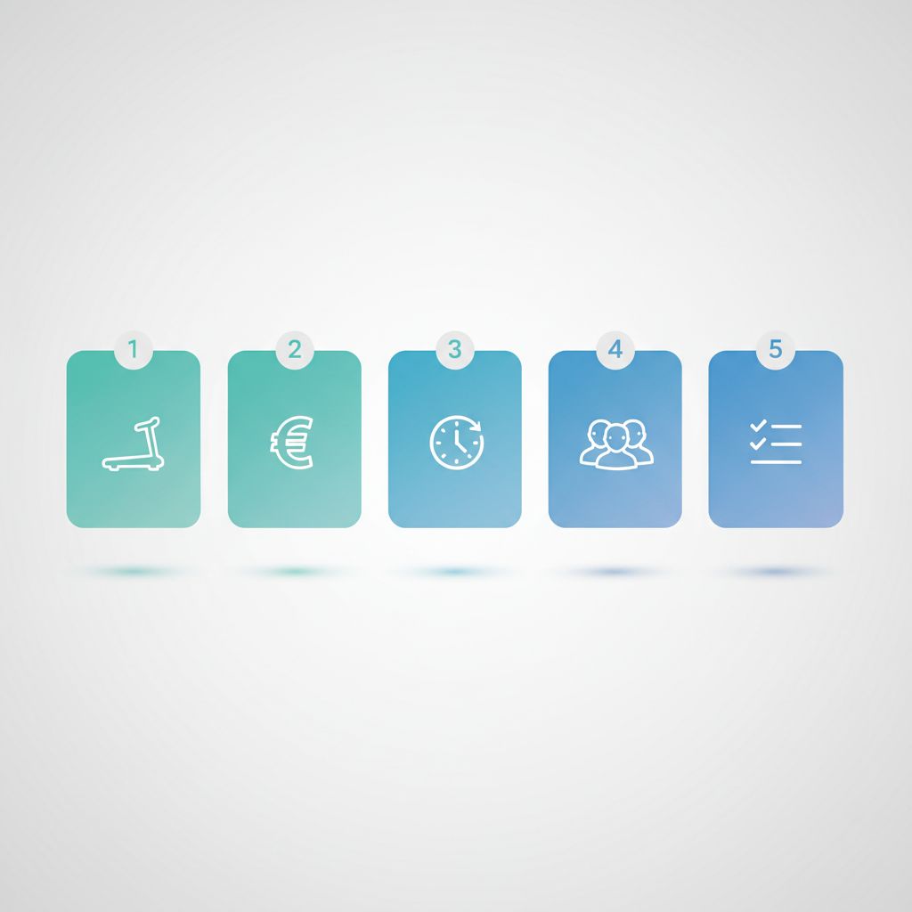 Infographie simple listant les 5 critères pour choisir sa salle de sport: Objectifs, Budget, Ambiance, Équipement, Horaires.