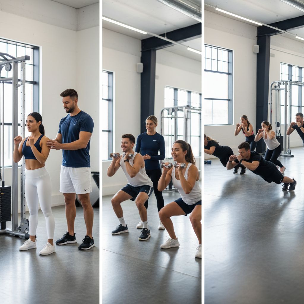 Infographie comparant les différents types de coaching : individuel (personnalisation maximale), en duo (motivation partagée), et en petit groupe (dynamique et économique).