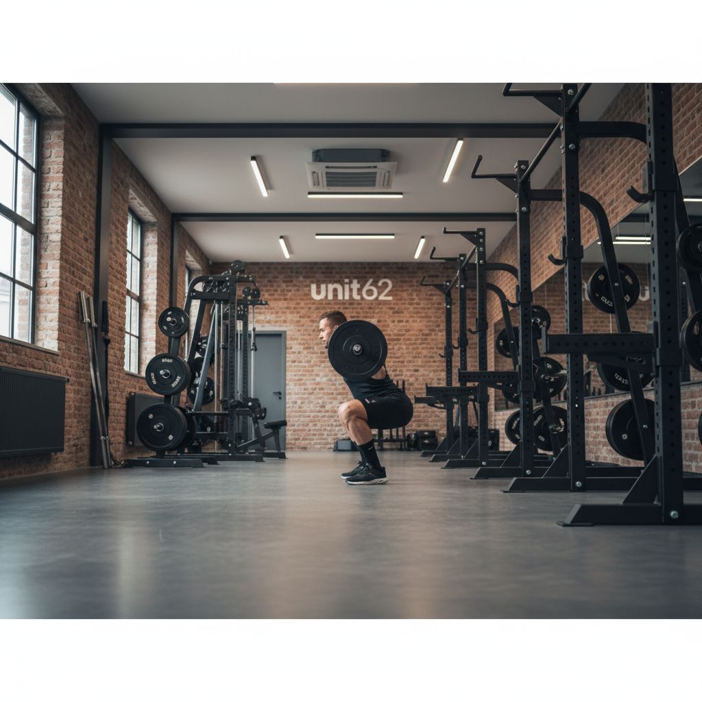 Une personne effectuant des exercices de renforcement musculaire comme des squats dans la salle de sport Unit62 à Renens.