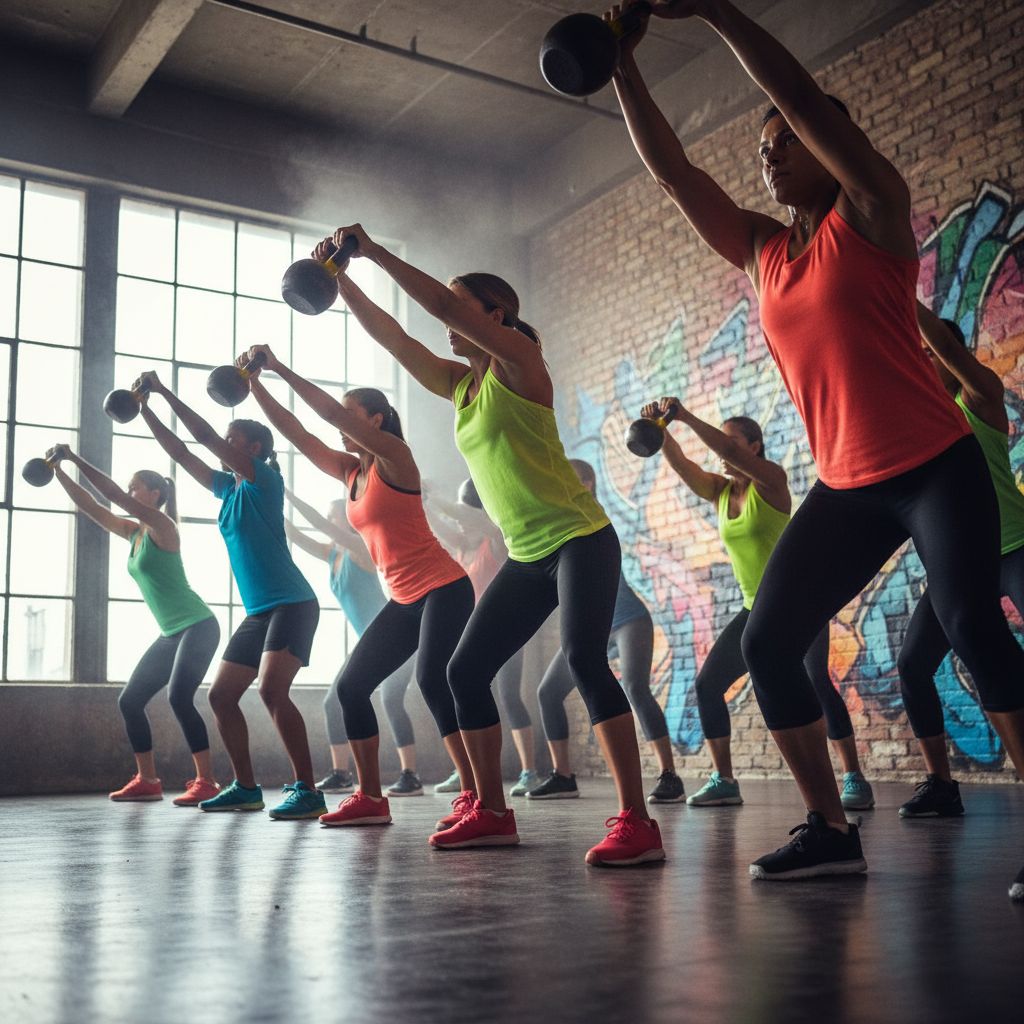 Un groupe de personnes motivées participant à un cours de fitness collectif, soulevant des kettlebells.