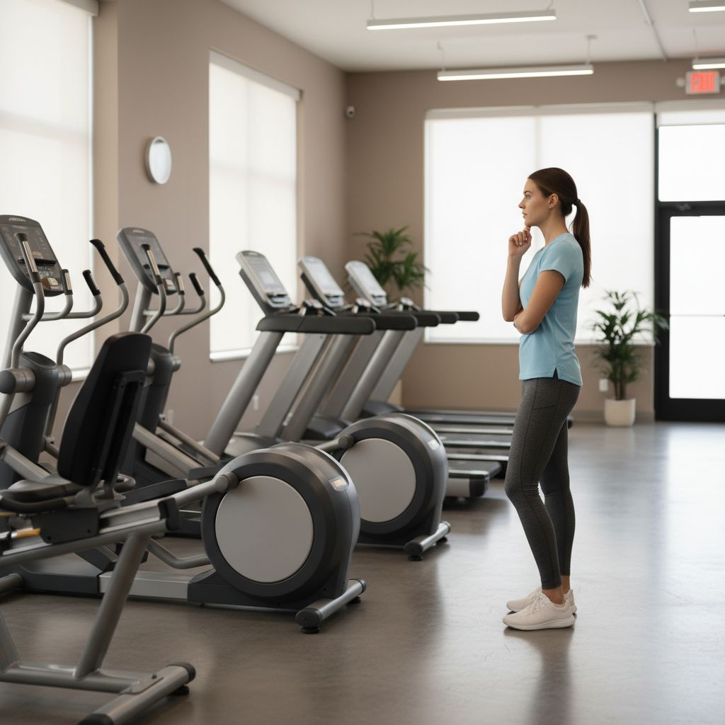 Une personne en tenue de sport regardant de manière réfléchie une rangée d