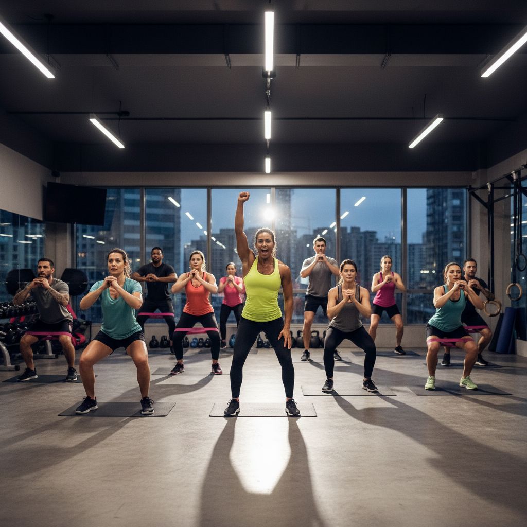 Un groupe de personnes participant à un cours de fitness à haute intensité dans une salle de sport, avec un coach les encourageant. L