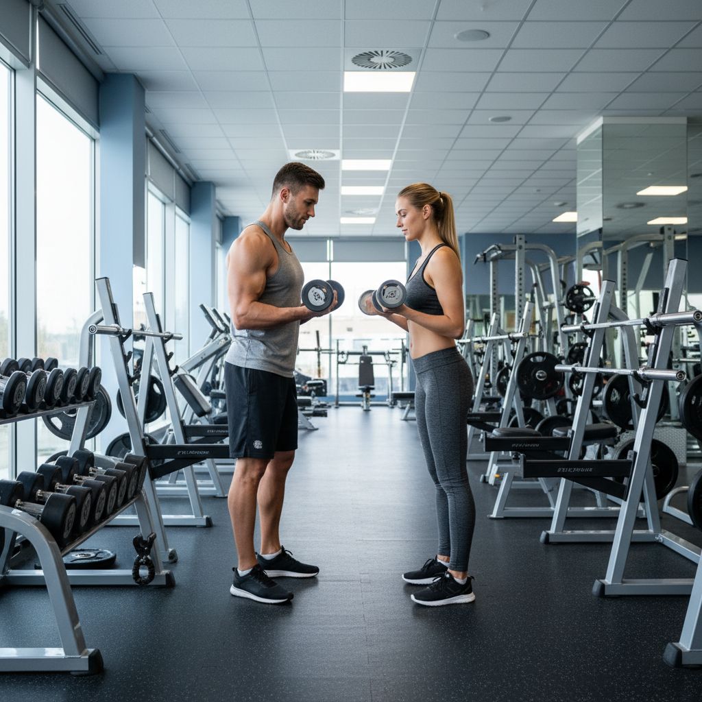 Un coach sportif expliquant un exercice à un client dans un cadre personnalisé, illustrant le coaching individuel.