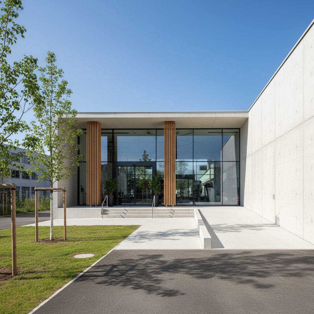 Vue extérieure du bâtiment moderne abritant la salle de sport Unit62 à Renens, avec une entrée accueillante et facile d