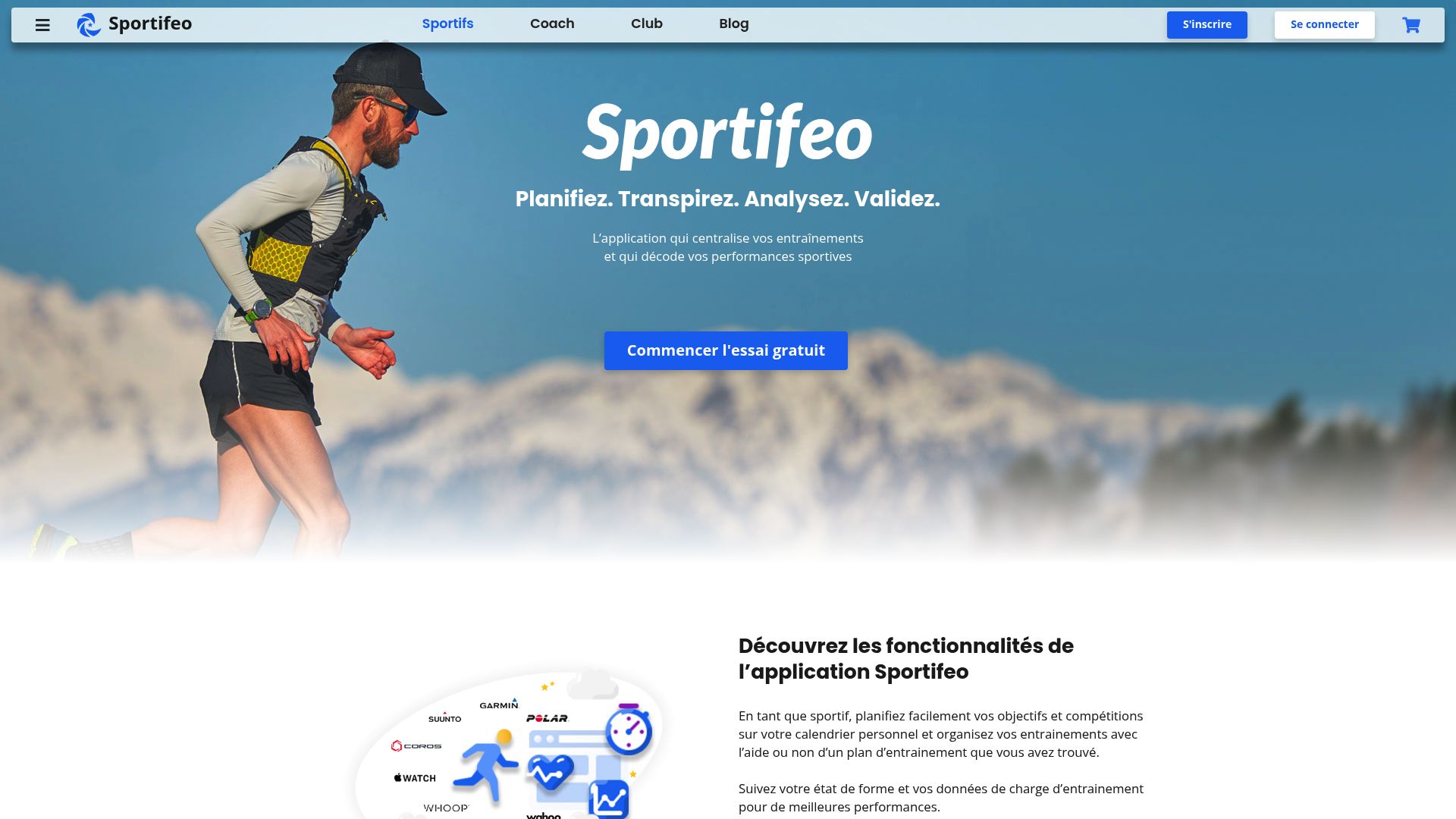 Screenshot of the Sportifeo website homepage showing athletic performance tracking tools