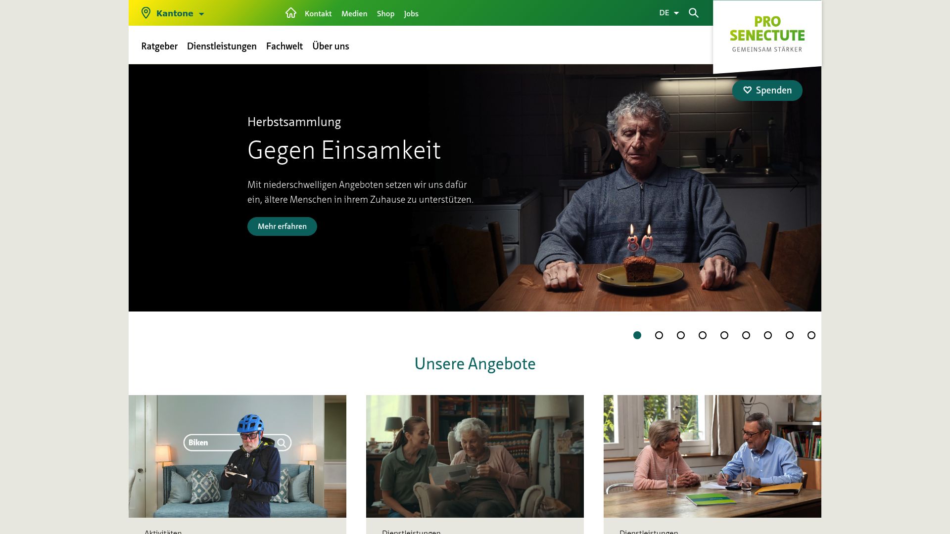 Screenshot of prosenectute.ch website showing generic senior sports activities