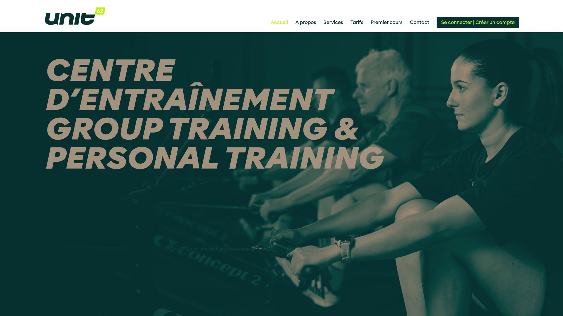 Screenshot of the Unit62 website homepage showing the training philosophy and atmosphere