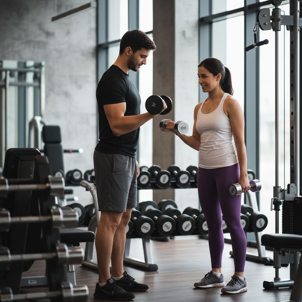 Un coach sportif professionnel expliquant un exercice de renforcement musculaire à une cliente dans une salle de sport moderne et lumineuse à Renens.