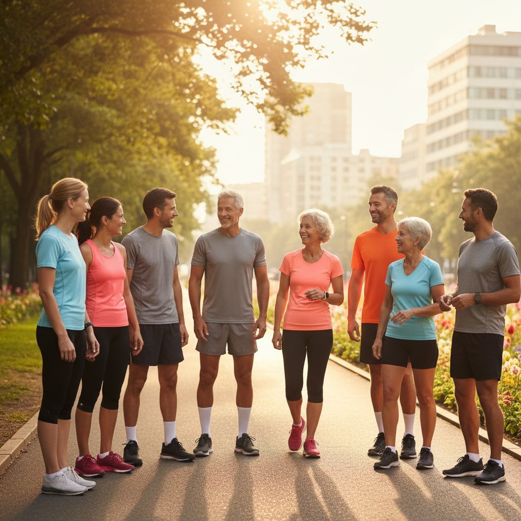 Un groupe diversifié de coureurs, hommes et femmes, de différents âges, se préparant à commencer leur course dans un environnement urbain et ensoleillé, souriant et discutant entre eux.