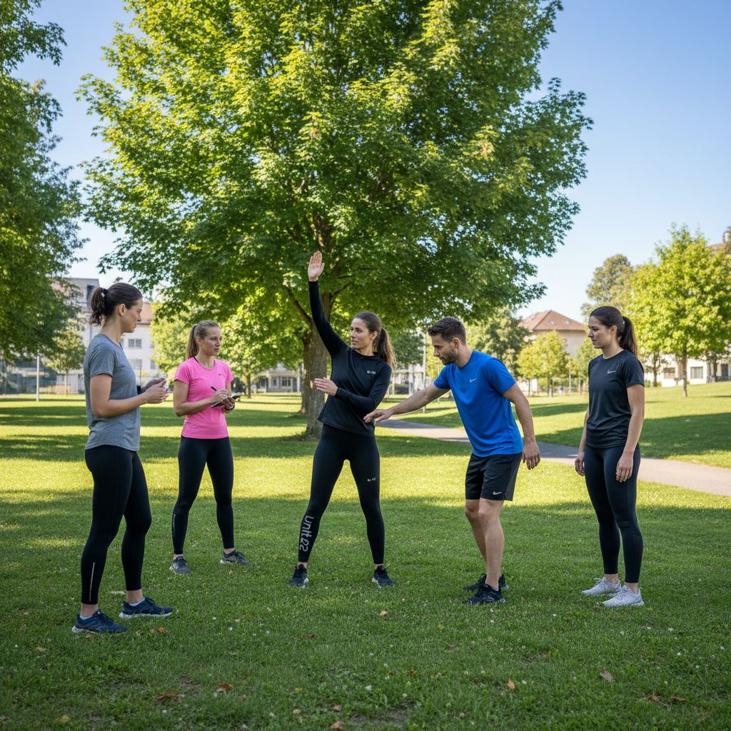 Un coach sportif en tenue Unit62 donne des conseils personnalisés sur la posture de course à un petit groupe de participants attentifs dans un parc à Renens.