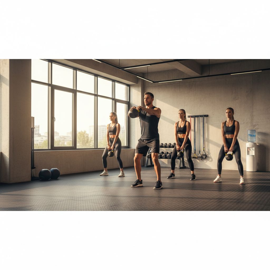 Un coach personnel montre un exercice à un petit groupe de trois personnes dans une salle de sport fonctionnelle et lumineuse.