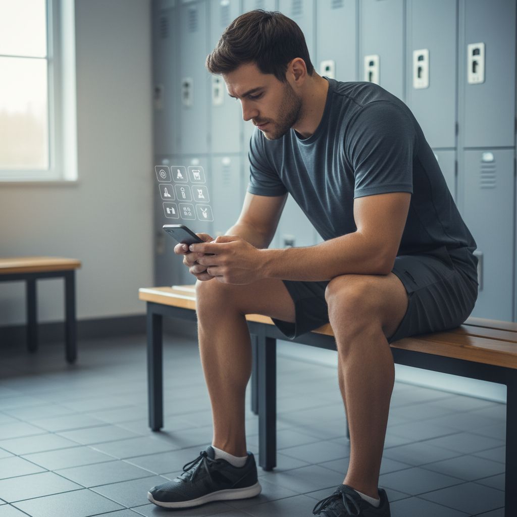 Une personne en tenue de sport, assise sur un banc dans un vestiaire, regardant pensivement son téléphone, comme si elle comparait les options de salles de sport.