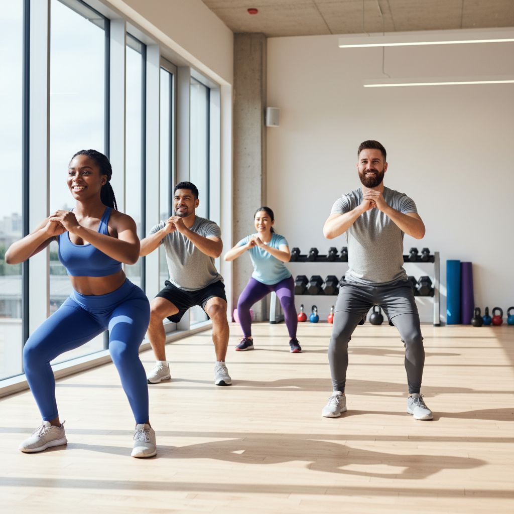 Un groupe de personnes diversifiées en train de faire des exercices de renforcement musculaire comme des squats et des fentes dans une salle de sport moderne et bien éclairée. L