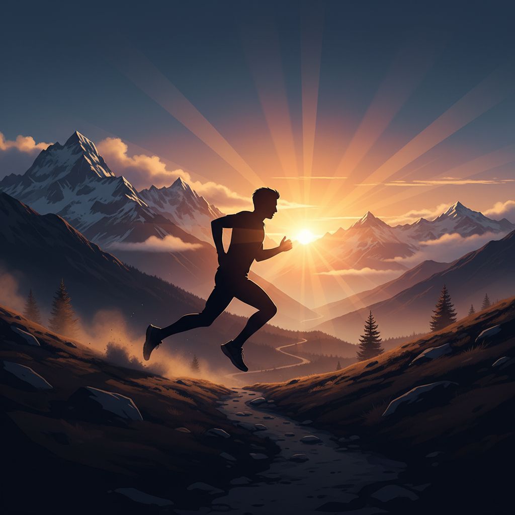 Un coureur seul au lever du soleil sur un sentier de montagne en Suisse, regardant la vue, l