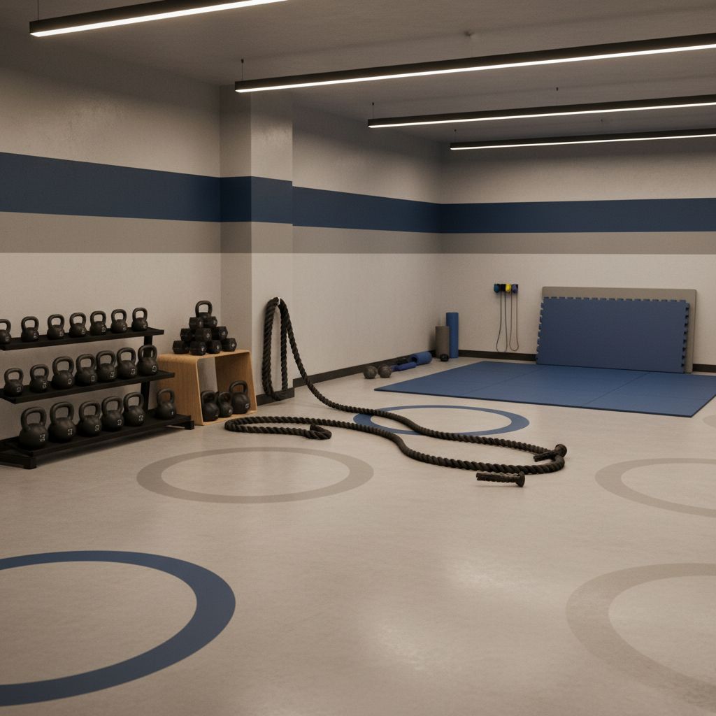 Une zone fonctionnelle bien équipée dans une salle de sport avec des kettlebells, des cordes, et de l