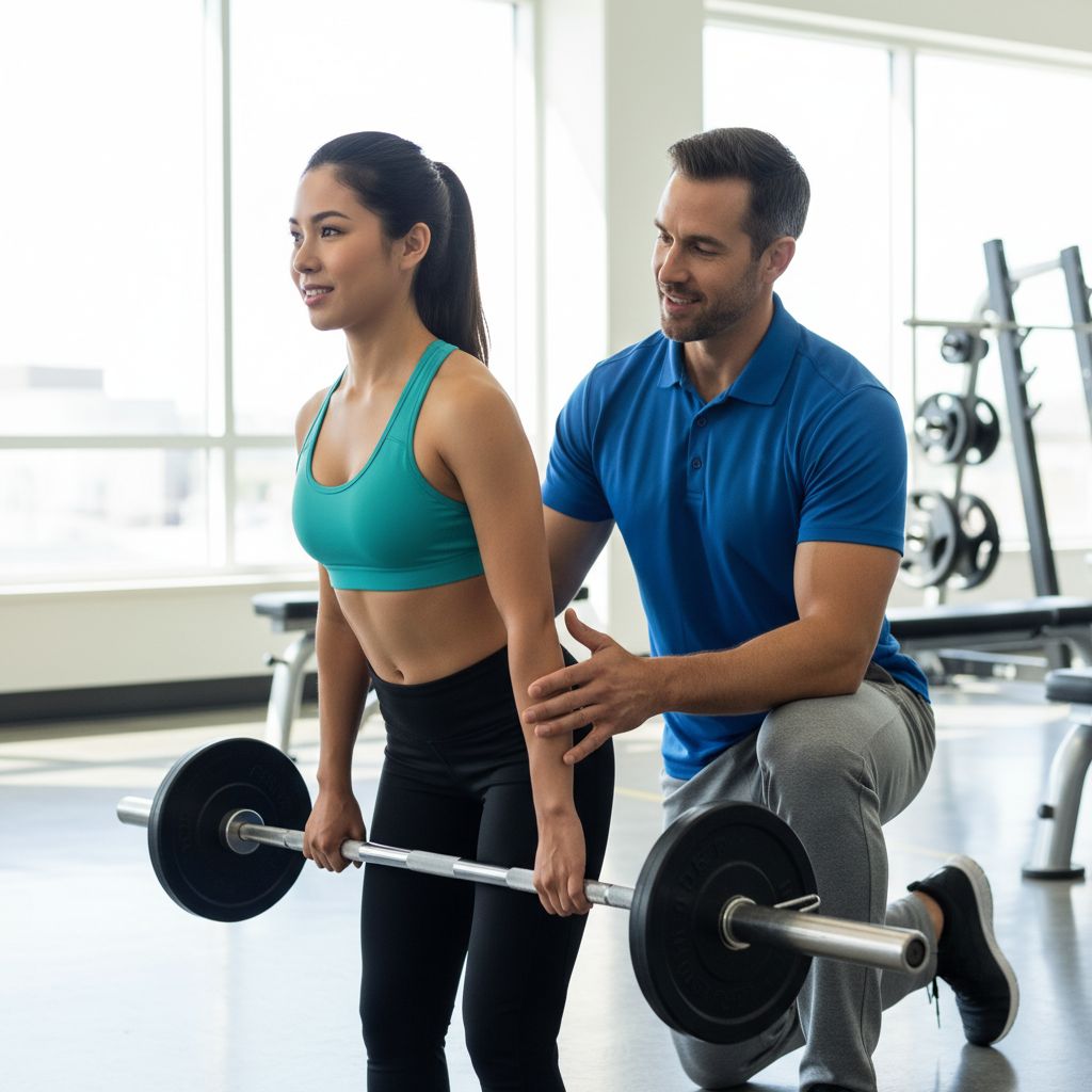 Coach sportif bienveillant donnant un conseil personnalisé à une femme qui effectue un exercice de musculation avec des poids.