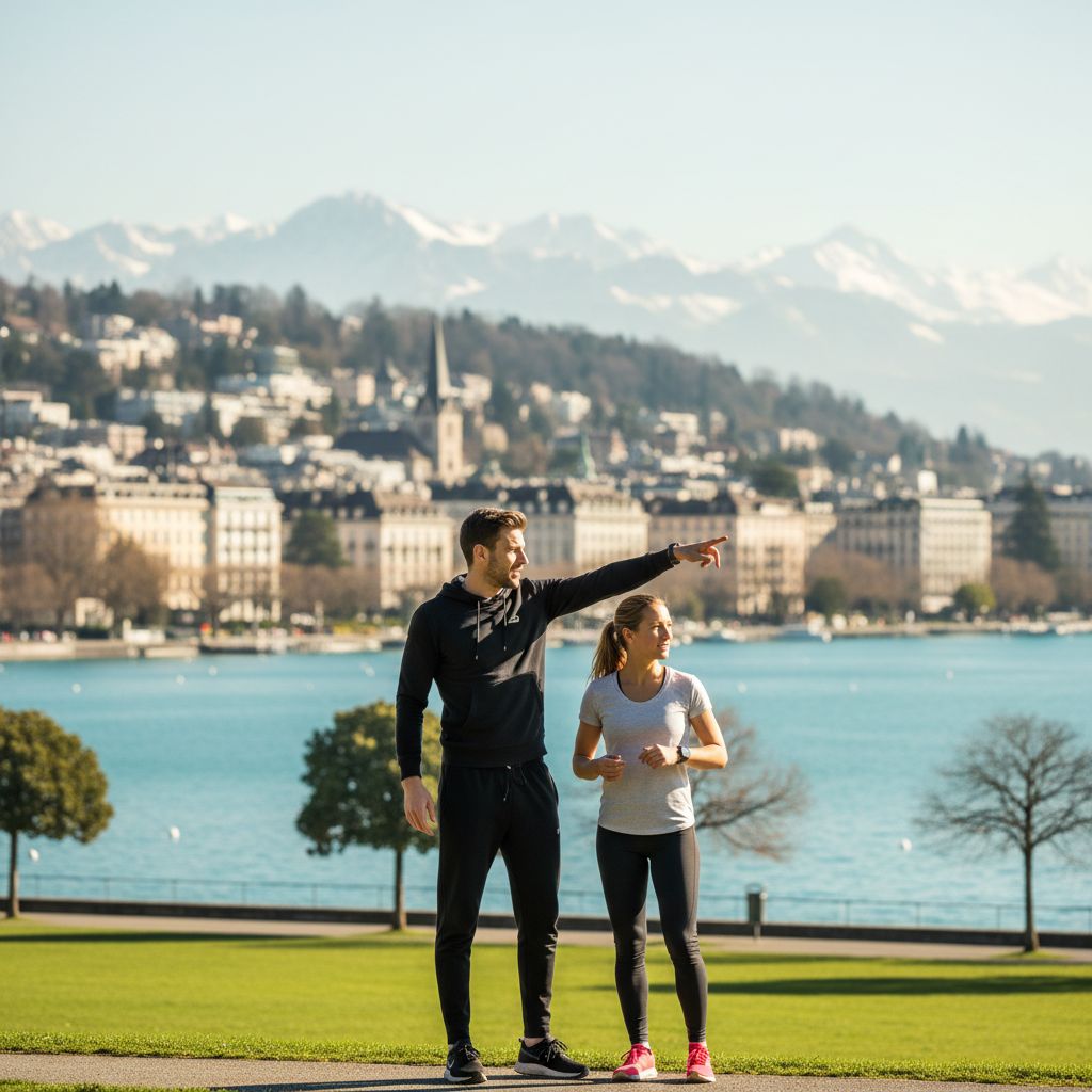 Un coach sportif conseille une coureuse dans un parc ensoleillé avec le lac Léman en arrière-plan, illustrant une séance de coaching personnalisée à Lausanne.