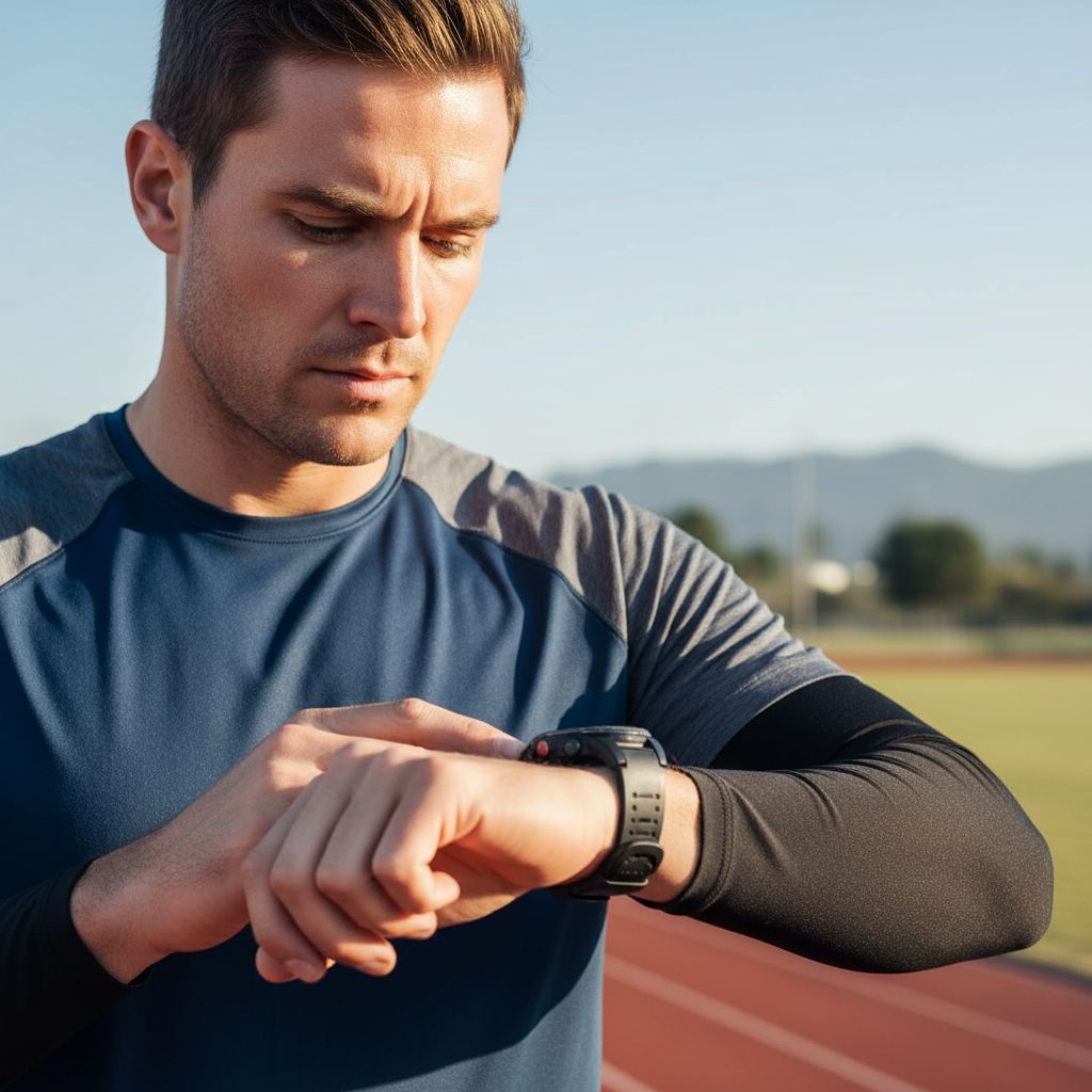 Un coureur concentré vérifie sa montre de sport pendant un entraînement, symbolisant le suivi des progrès et la détermination à atteindre ses objectifs.