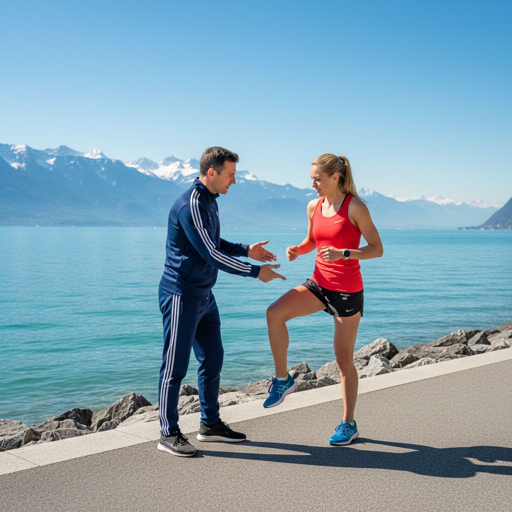 A coach providing running technique feedback to a runner on the shores of Lake Geneva near Lausanne, Switzerland.