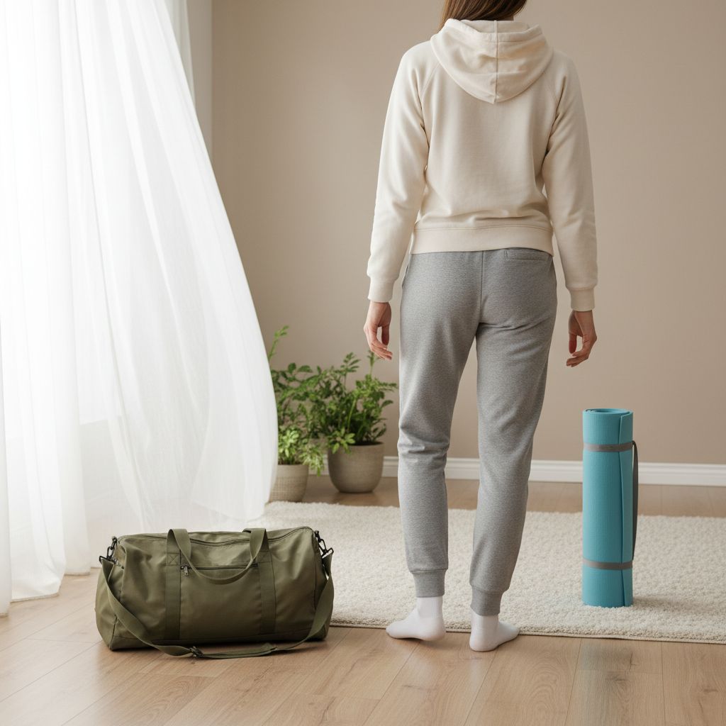 Personne hésitant entre un sac de sport et un tapis de yoga chez soi