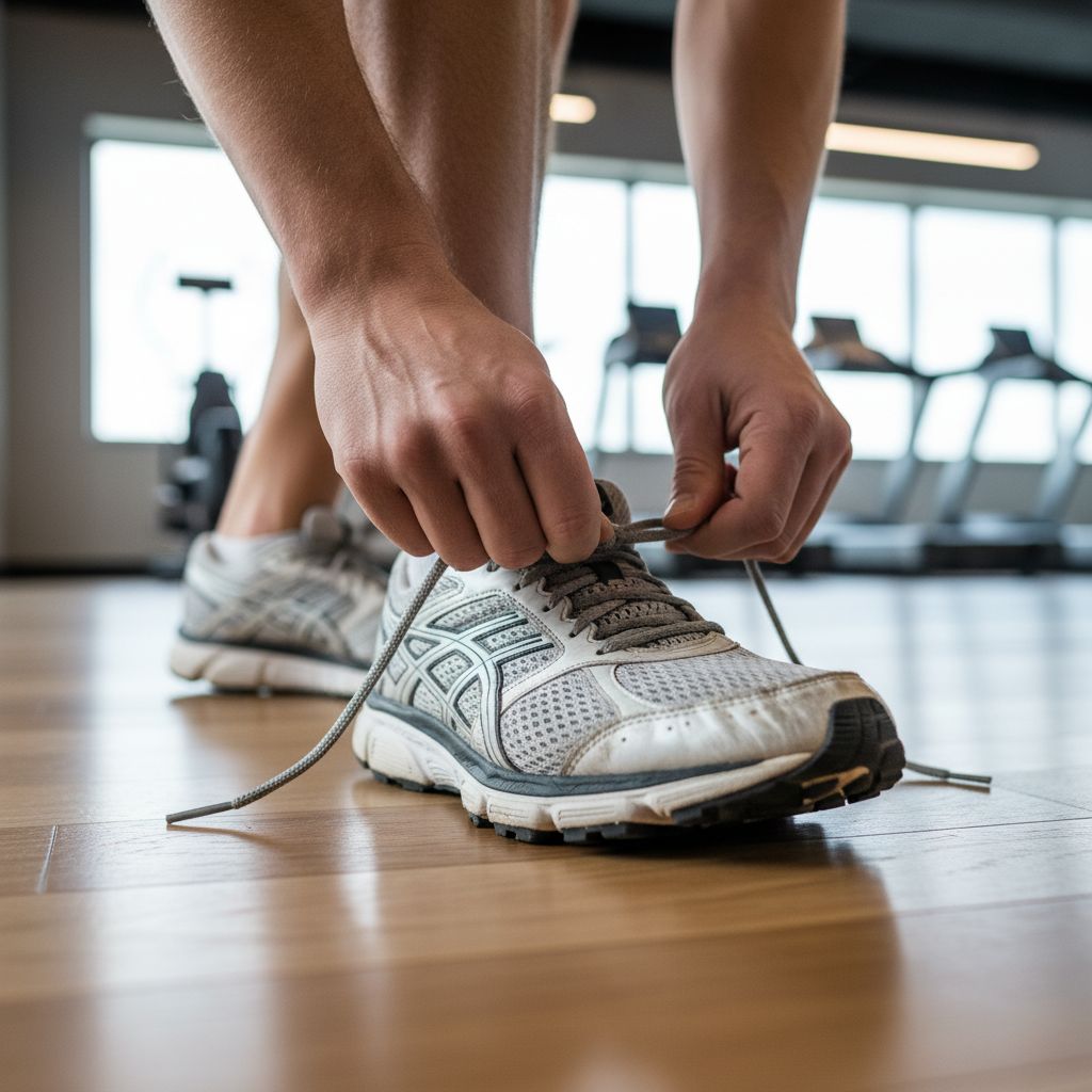 A determined runner tying shoelaces in a modern gym setting preparing for a workout