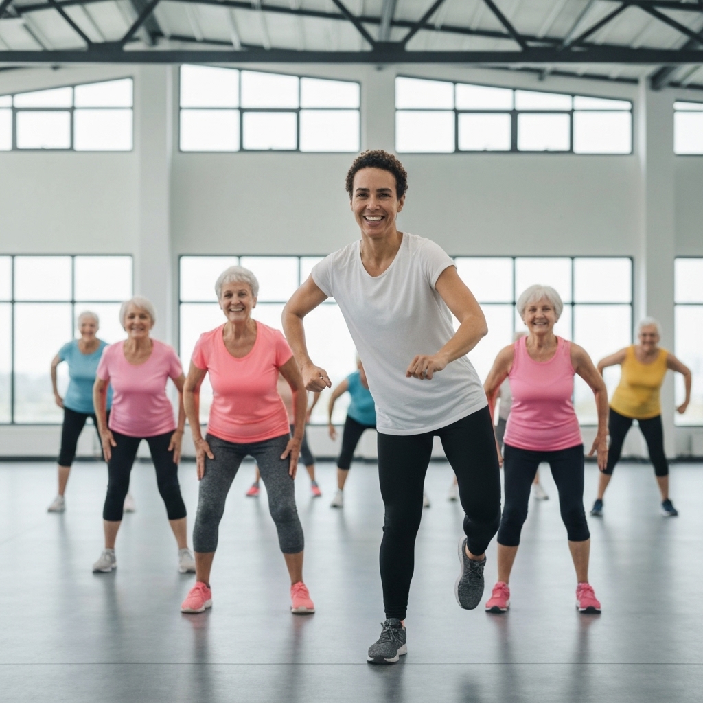Groupe de seniors souriants effectuant des mouvements de mobilité avec un coach attentif dans une salle de sport lumineuse