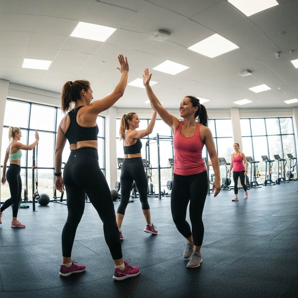 Women encouraging each other during a functional fitness group class in a modern gym environment