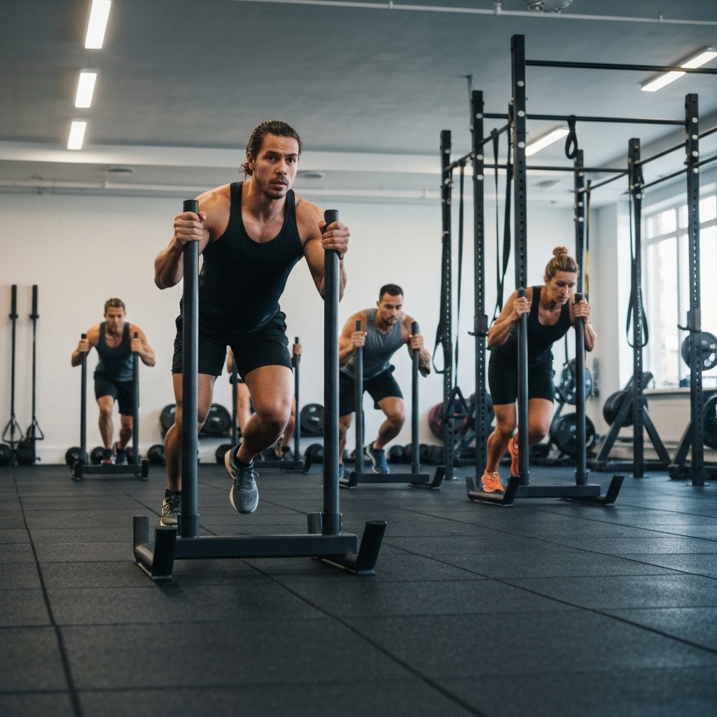 Athletes training with sled push and functional equipment in a spacious gym