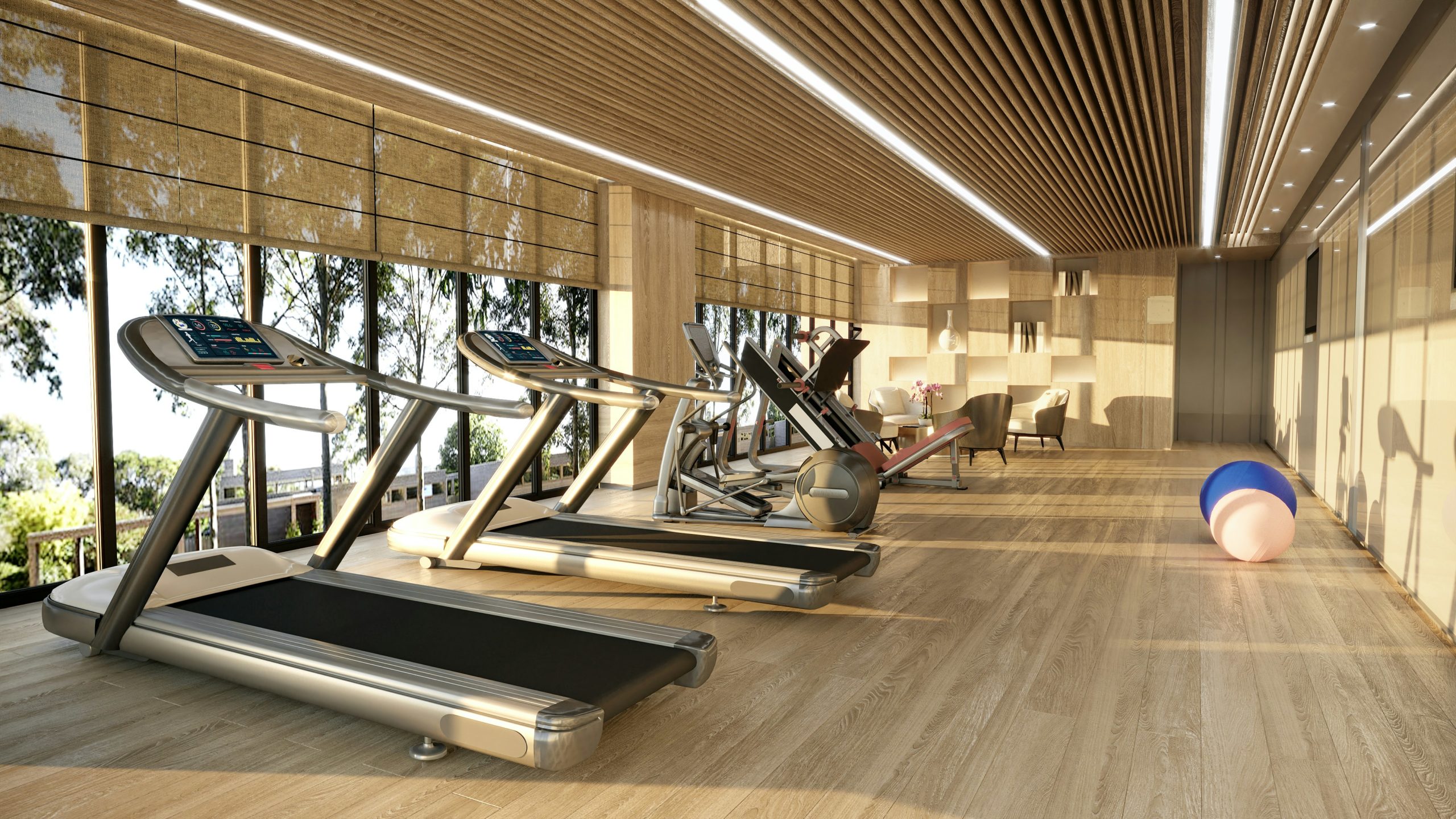 Modern clean gym interior with treadmills and functional area