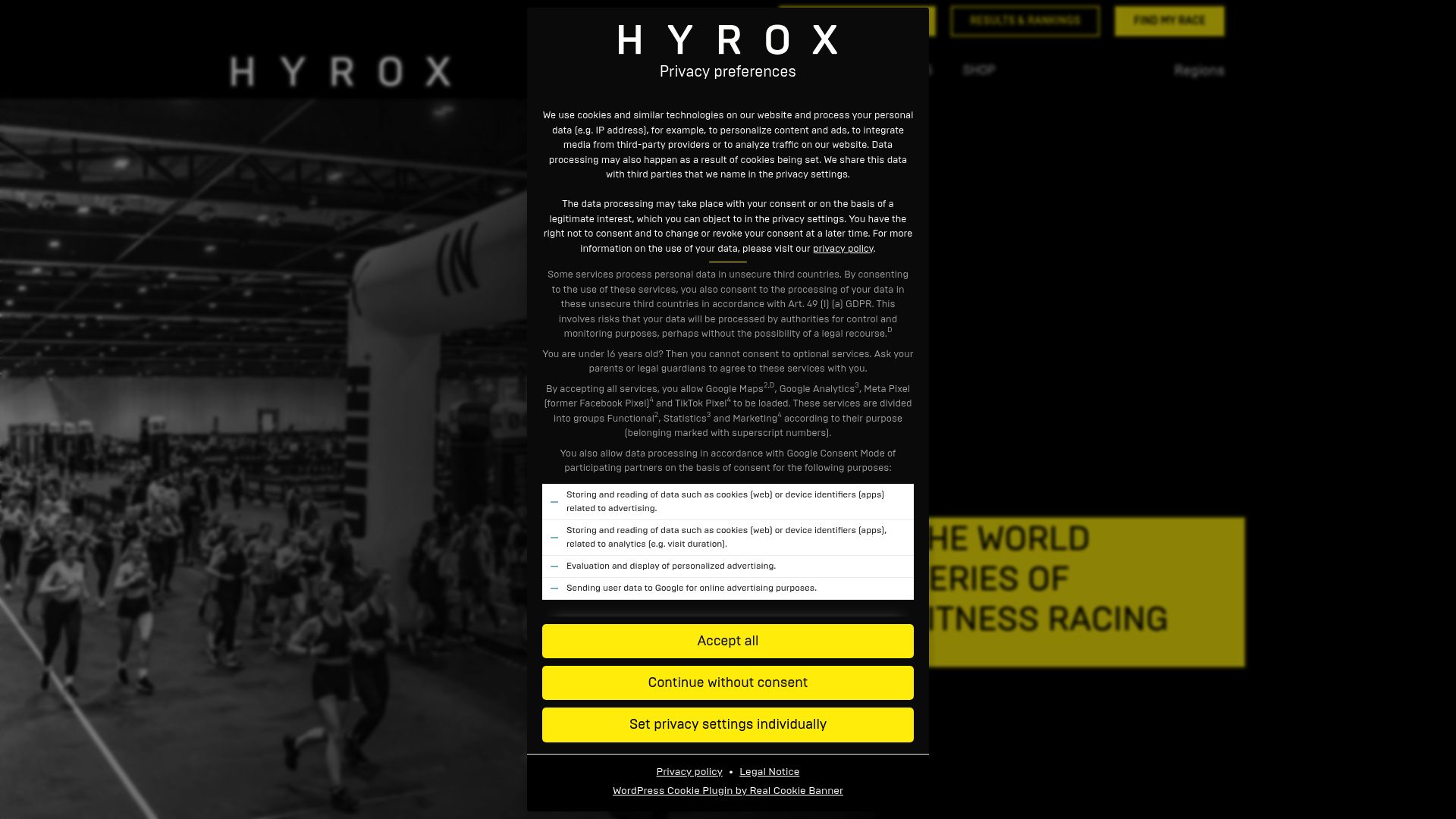 Screenshot of the official HYROX website homepage showing upcoming event dates and the intensity of the race