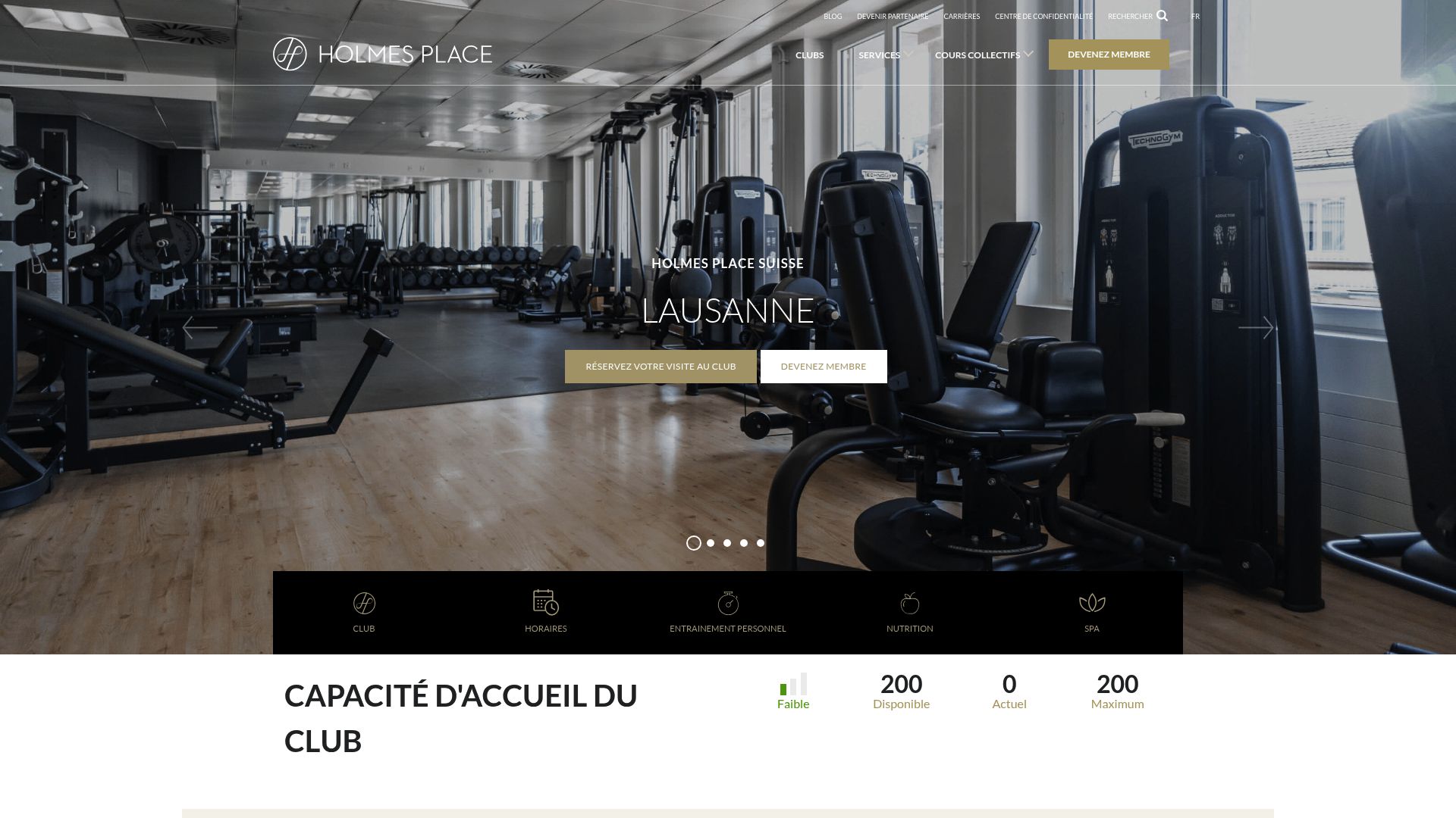 Screenshot of Holmes Place website showcasing their premium facilities and long-standing presence in Lausanne
