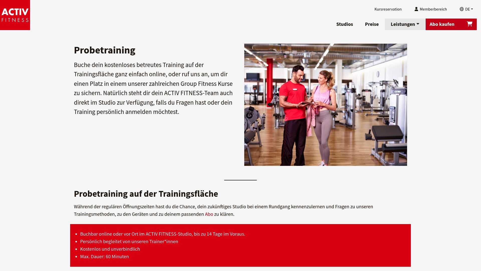 Homepage of Lets Go Fitness showing diversity of classes and trial button