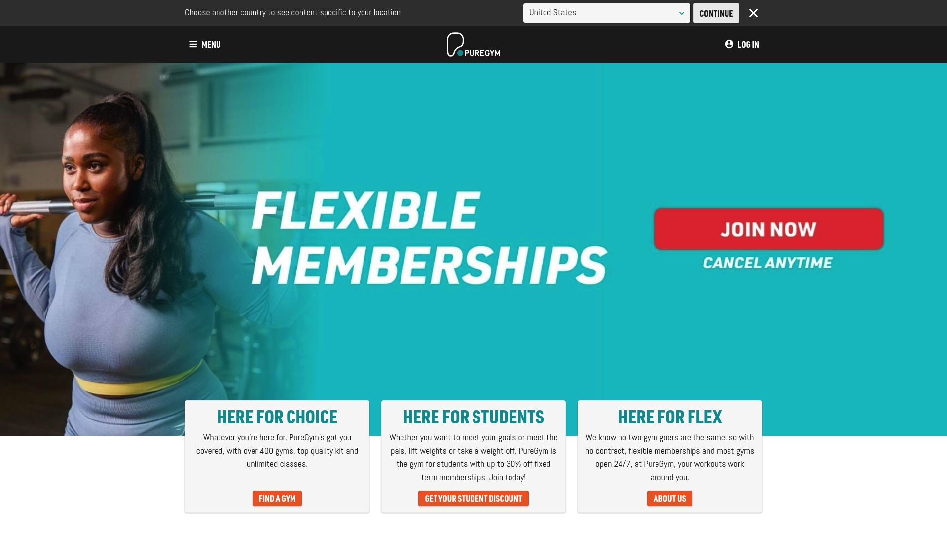 Puregym website homepage screenshot specifically top banner section