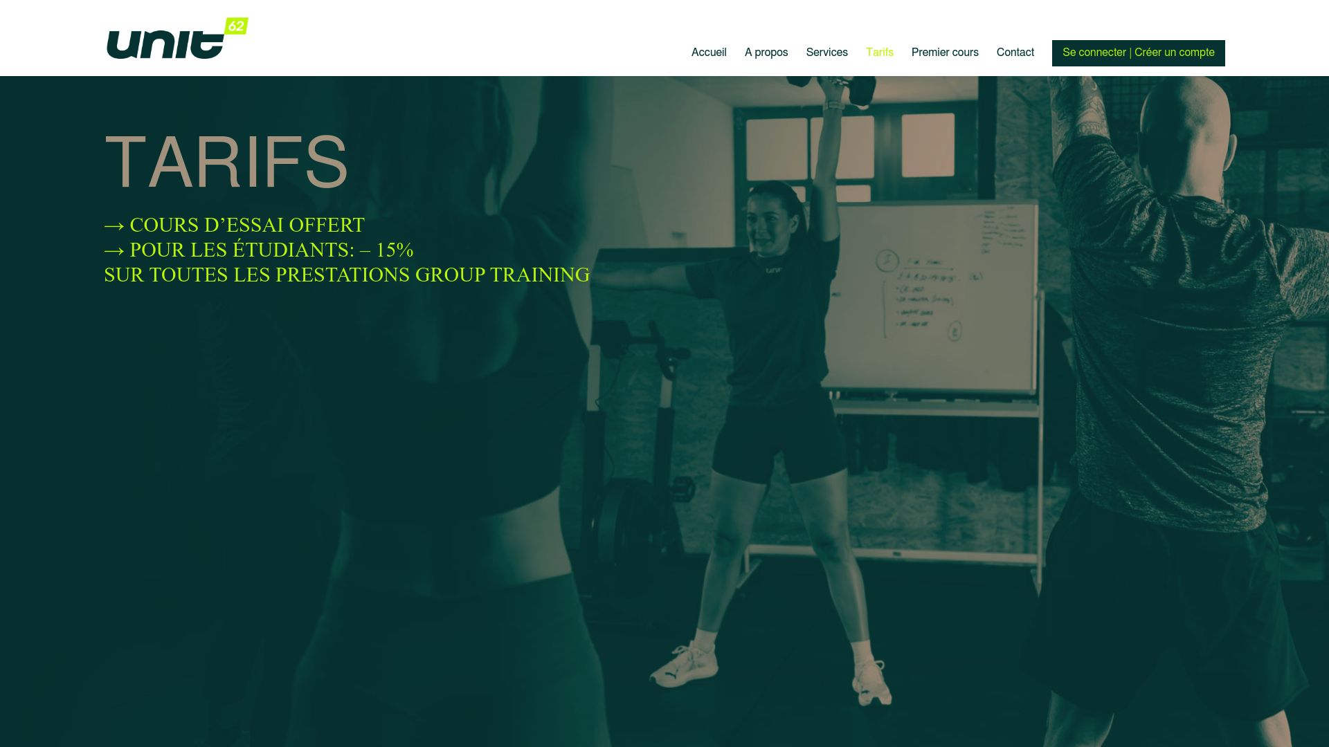 screenshot of unit62.ch/tarifs page showing the pricing table clearly