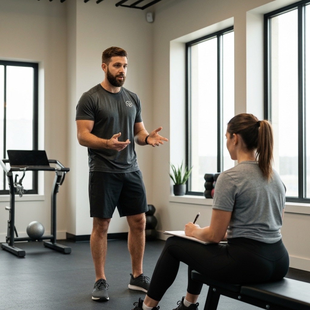 Coach expliquant un mouvement complexe à un client attentif dans une salle de sport moderne