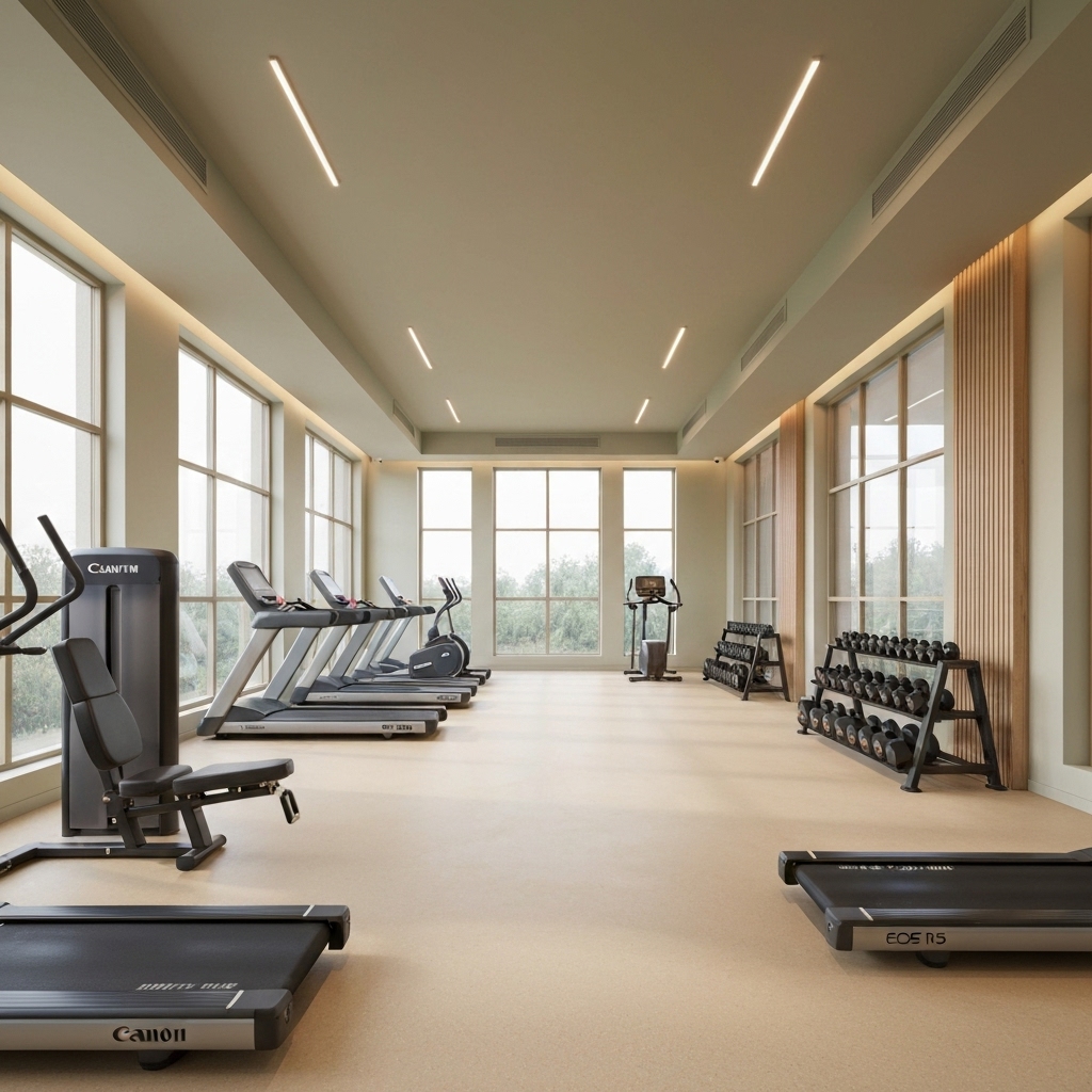 Modern high-end gym interior in Lausanne with large windows allowing natural light and ventilation, clean equipment, professional atmosphere