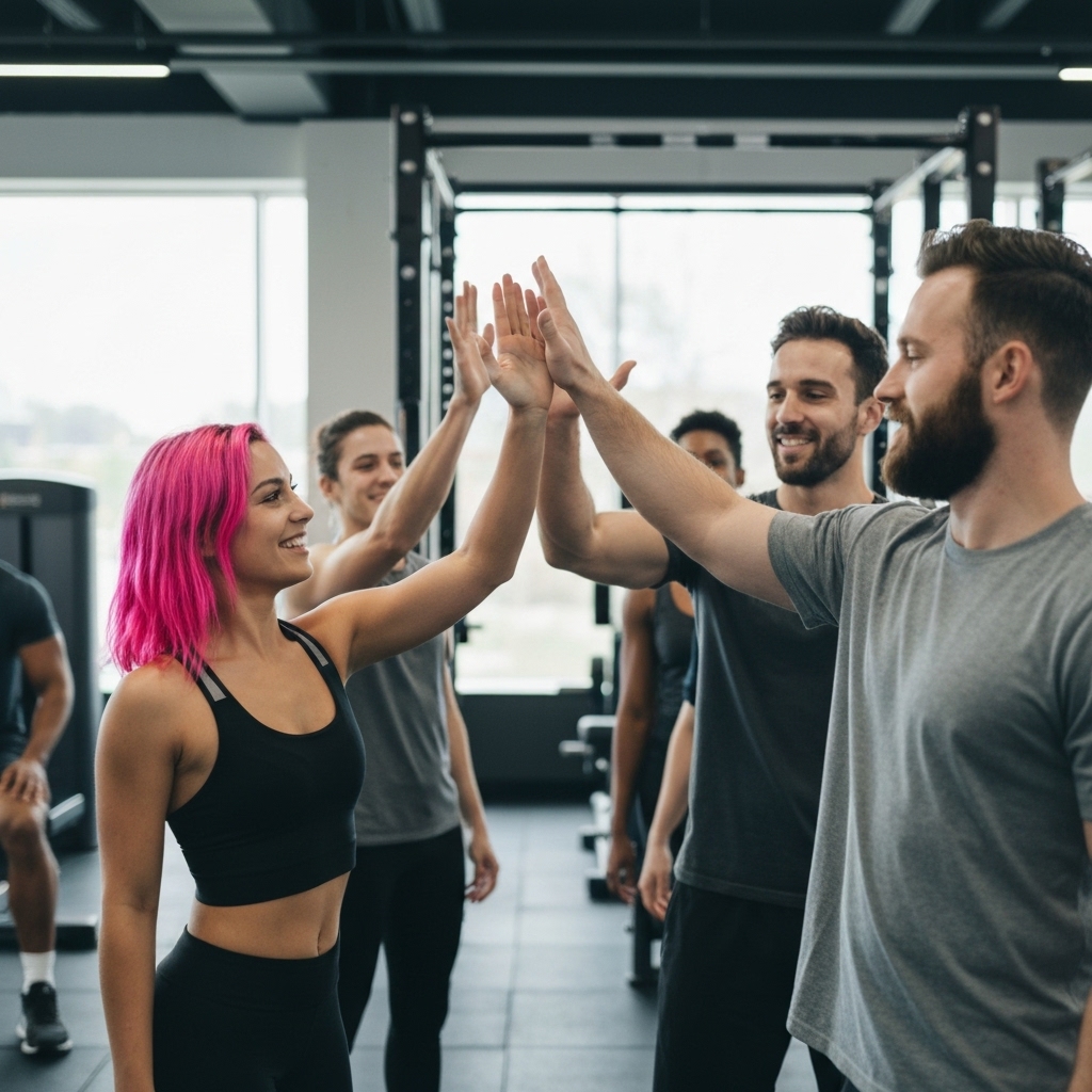 Group of people training together in a gym giving high fives showing community support