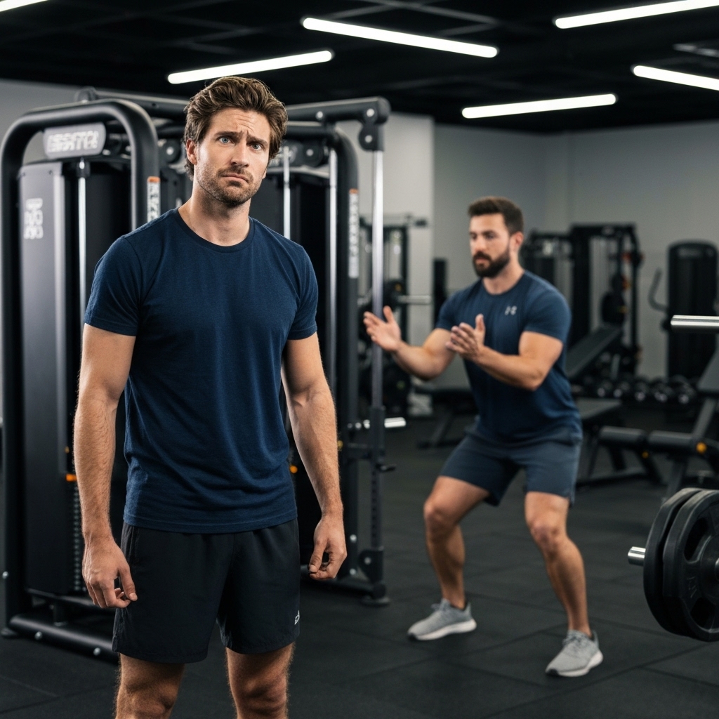 A puzzled person standing in a large, empty commercial gym looking at complex equipment without knowing where to start, contrasting with a focused person in a coaching group