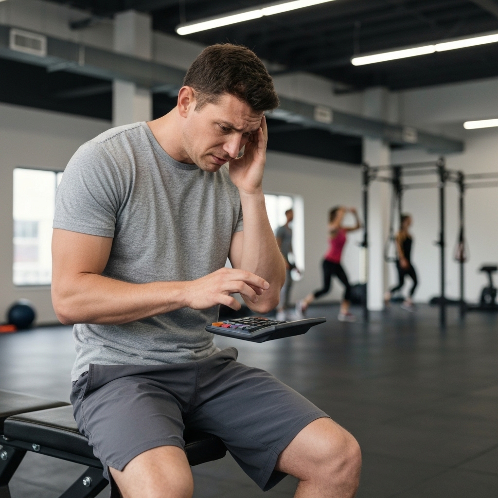 Coach looking stressed calculating expenses on a laptop with gym equipment in background