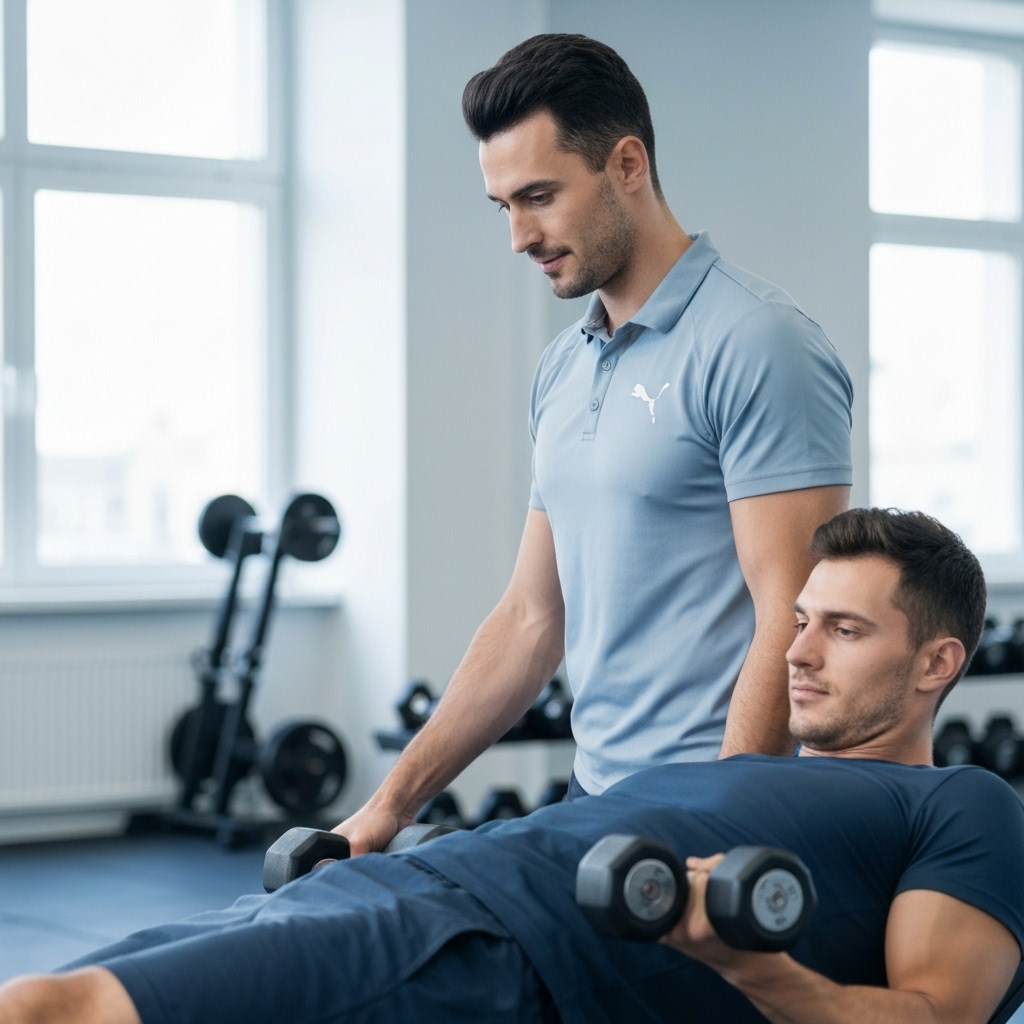 Professional personal trainer adjusting weights for a client in a modern gym setting in Lausanne focused on strength training