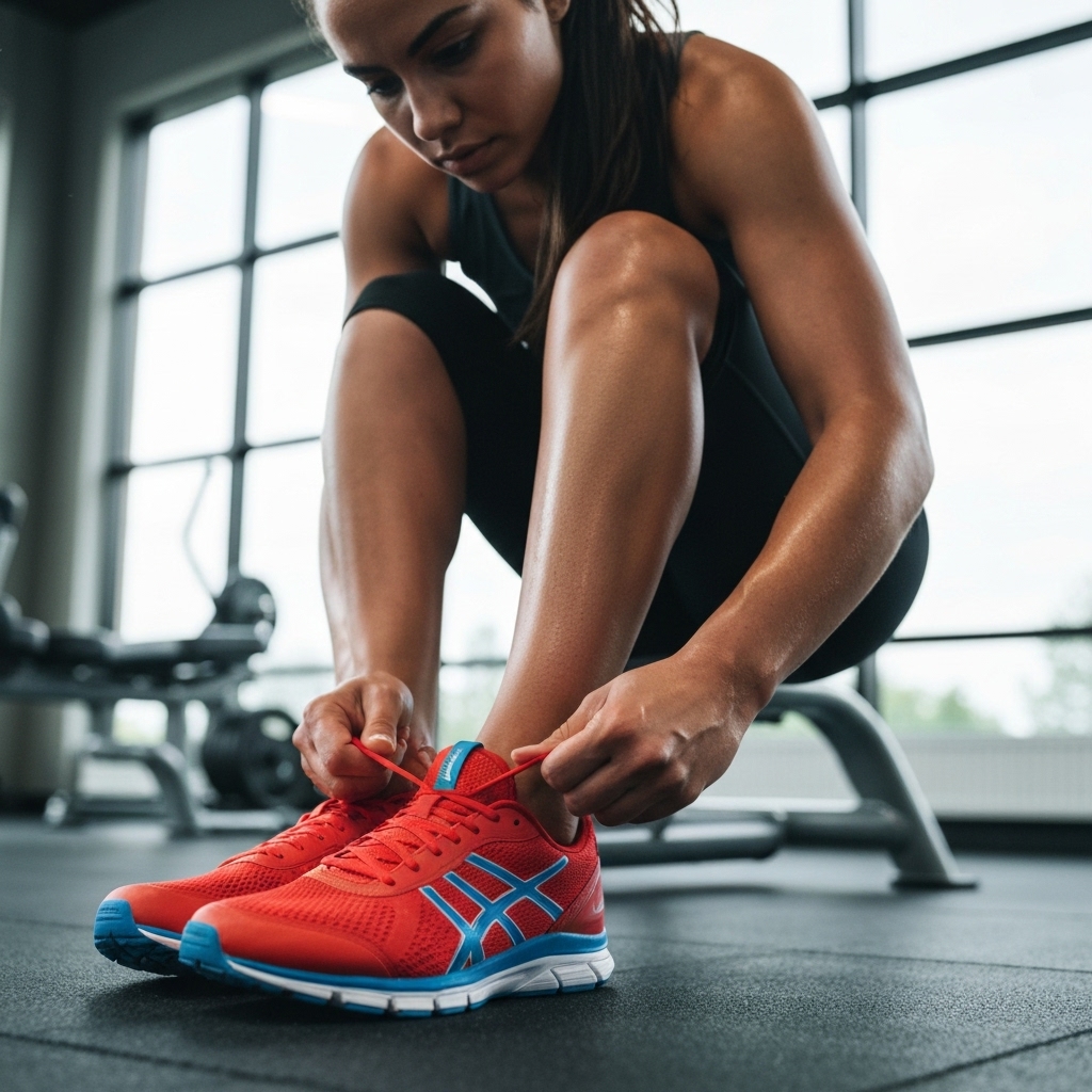Athlete tying shoes in a gym preparing for a group class workout with focus determination