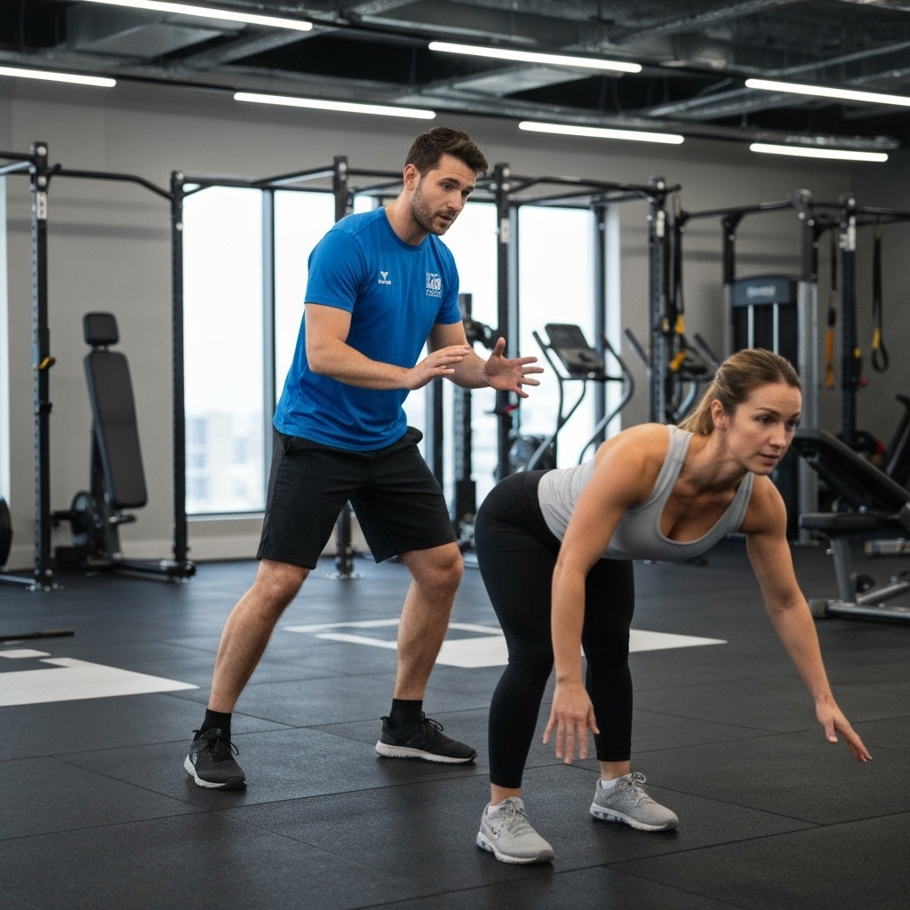 Coach helping a member with functional movement technique during a group class