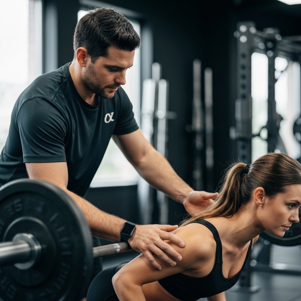 Close up of a dedicated fitness coach correcting posture of a client during deadlift