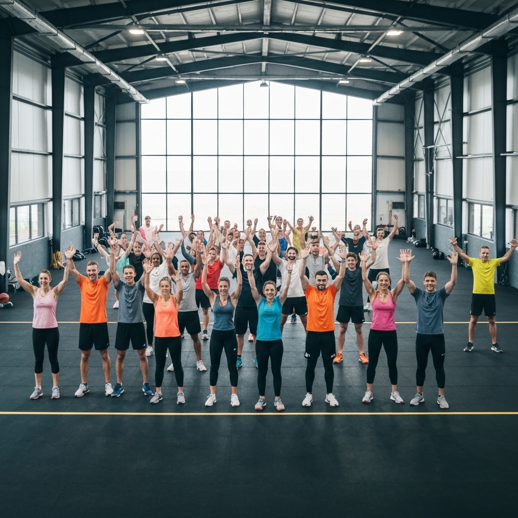 Group of diverse people high-fiving after an intense functional fitness workout in a modern industrial gym setting
