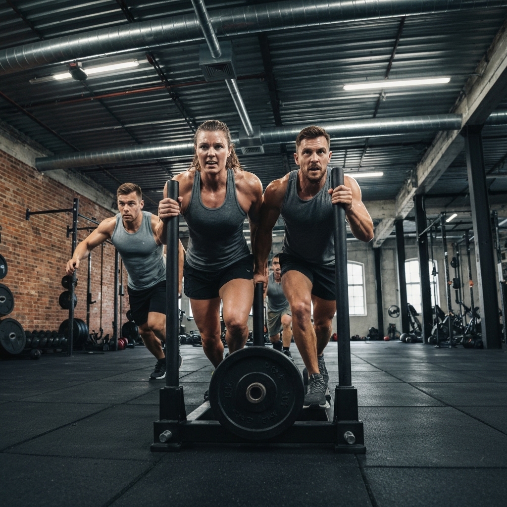 Athletes training specifically for Hyrox with sled push and rowing machines in a dedicated zone